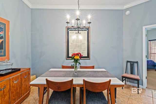 dining area with ornamental molding and light tile patterned flooring