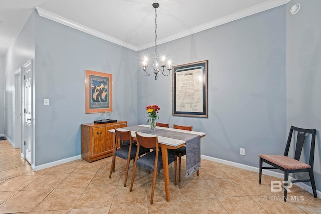 tiled dining area with crown molding and a notable chandelier