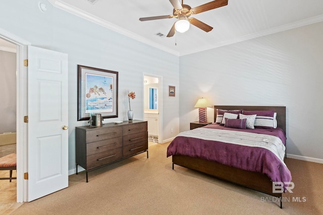 bedroom featuring crown molding, ensuite bathroom, light colored carpet, and ceiling fan