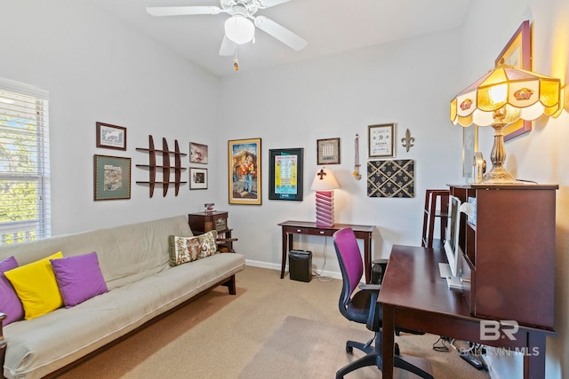 office featuring ceiling fan and light colored carpet