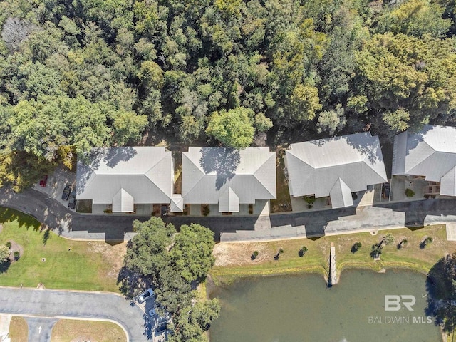 drone / aerial view featuring a water view