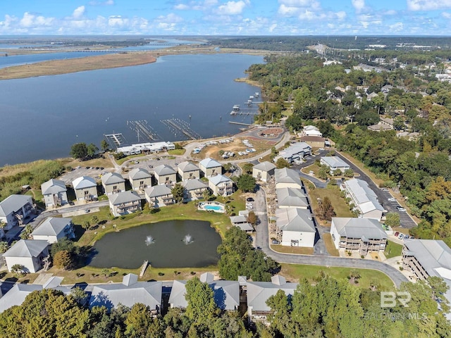 drone / aerial view featuring a water view