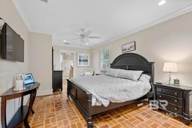 bedroom with ceiling fan and crown molding