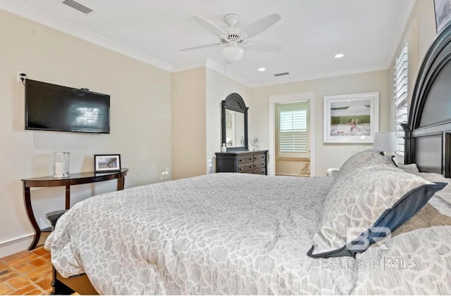 bedroom featuring ceiling fan and ornamental molding