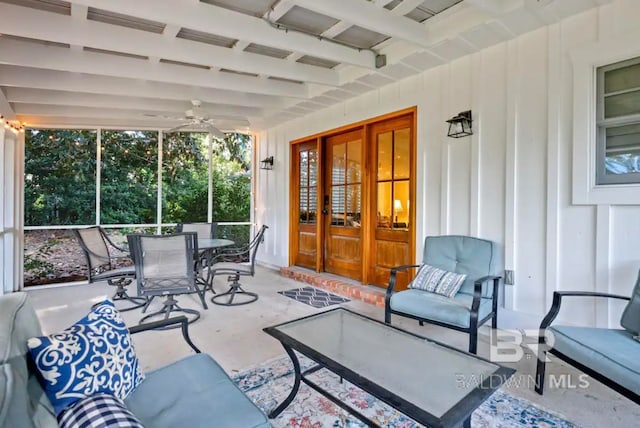 view of patio / terrace featuring ceiling fan and french doors