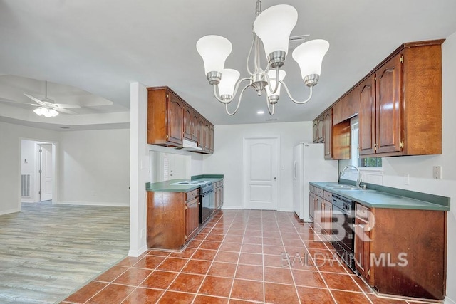 31246 Shambo Rd, Spanish Fort, AL 36527 - kitchen featuring black dishwasher, electric range, a ceiling fan, a chandelier, and brown cabinetry