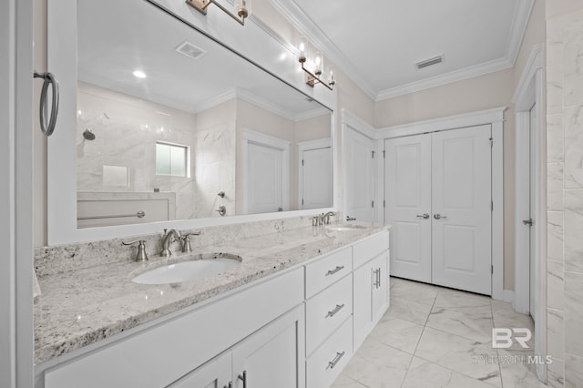 bathroom with a sink, a walk in shower, double vanity, and marble finish floor