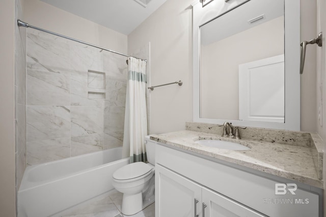 full bath featuring vanity, shower / bathtub combination with curtain, toilet, and visible vents