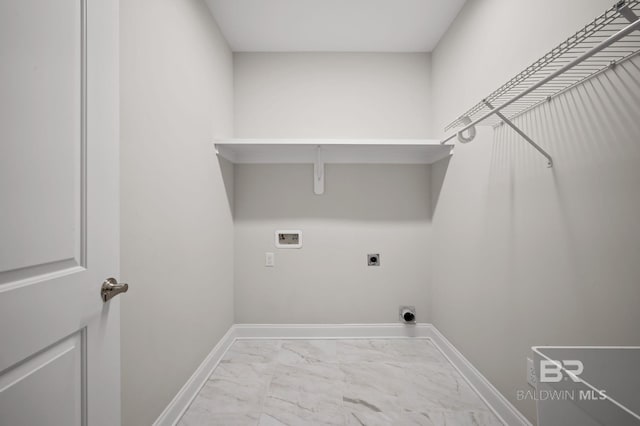 clothes washing area featuring hookup for an electric dryer, laundry area, baseboards, hookup for a washing machine, and marble finish floor