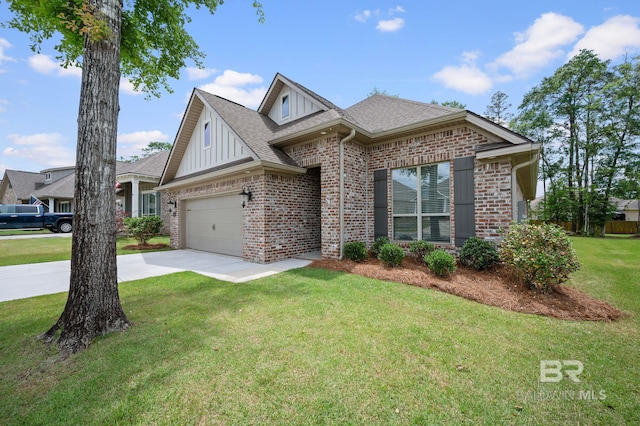 craftsman house with brick siding, a shingled roof, a garage, and concrete driveway