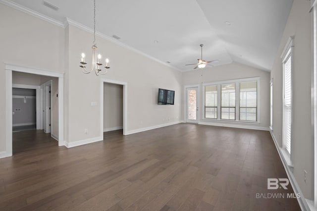 unfurnished living room with visible vents, dark wood finished floors, baseboards, ceiling fan with notable chandelier, and lofted ceiling