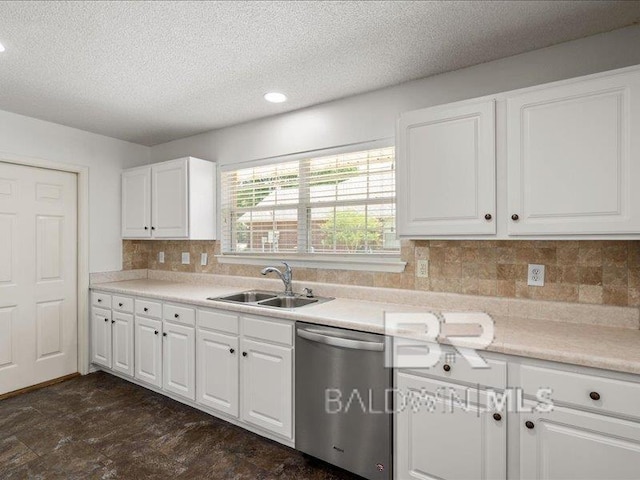 11554 Braga Dr, Daphne, AL 36526 - kitchen with dishwasher, a sink, a textured ceiling, backsplash, and white cabinets