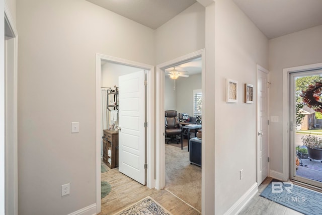 foyer with ceiling fan and light hardwood / wood-style flooring