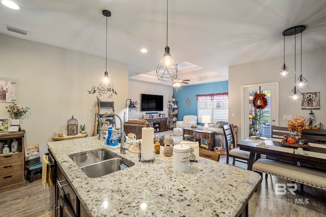 kitchen featuring light stone countertops, sink, decorative light fixtures, light hardwood / wood-style flooring, and a center island with sink