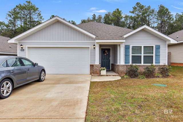 ranch-style home with brick siding, a front lawn, concrete driveway, roof with shingles, and an attached garage