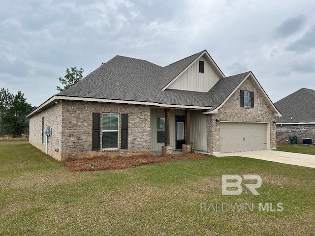 view of front of house featuring a shingled roof, brick siding, concrete driveway, a front lawn, and board and batten siding