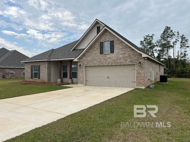 view of front of house with driveway, a front lawn, board and batten siding, and brick siding