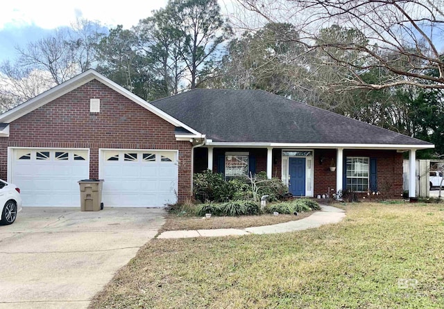 ranch-style home with a garage and a front lawn