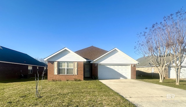 single story home featuring a garage, concrete driveway, roof with shingles, a front lawn, and brick siding