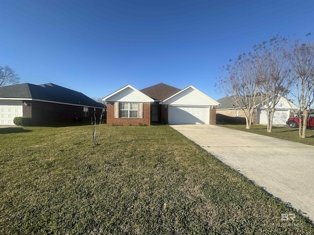 ranch-style house featuring a front yard, brick siding, driveway, and an attached garage