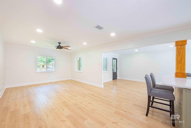 362 Azalea St, Fairhope, AL 36532 - unfurnished living room featuring crown molding, recessed lighting, light wood-style flooring, baseboards, and ceiling fan