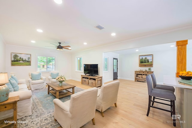 362 Azalea St, Fairhope, AL 36532 - living room featuring crown molding, light wood-style flooring, recessed lighting, a ceiling fan, and baseboards