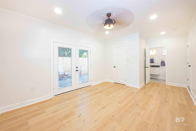 362 Azalea St, Fairhope, AL 36532 - empty room with a ceiling fan, french doors, ornamental molding, light wood-style flooring, and baseboards