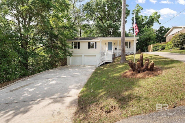 ranch-style house with a porch, a garage, a front lawn, concrete driveway, and stairs