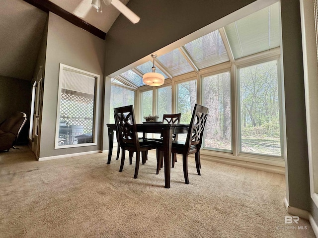 1802 Brookwood Dr, Brewton, AL 36426 - dining space with baseboards, ceiling fan, high vaulted ceiling, and carpet floors