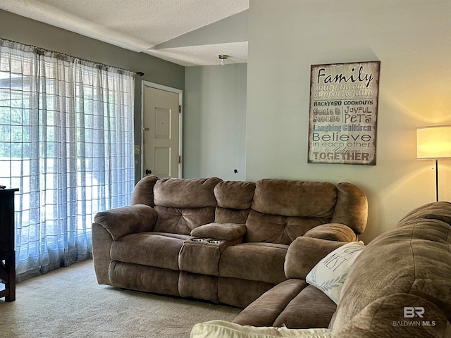 1802 Brookwood Dr, Brewton, AL 36426 - carpeted living room with a textured ceiling and vaulted ceiling