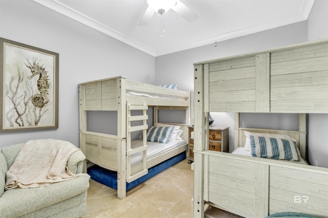 bedroom featuring ceiling fan, crown molding, and tile patterned flooring