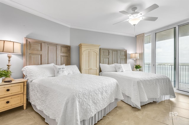 bedroom with ornamental molding, access to exterior, light tile patterned flooring, and ceiling fan