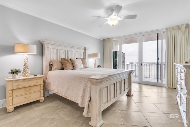 bedroom with light tile patterned flooring, access to outside, and ceiling fan