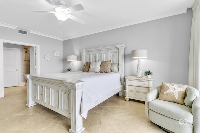 tiled bedroom featuring ceiling fan and crown molding