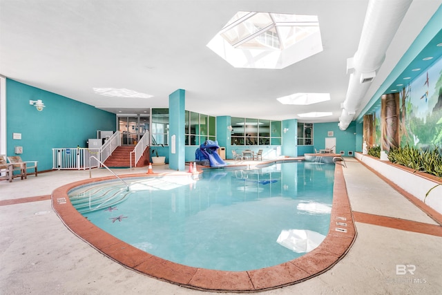 view of pool with a skylight