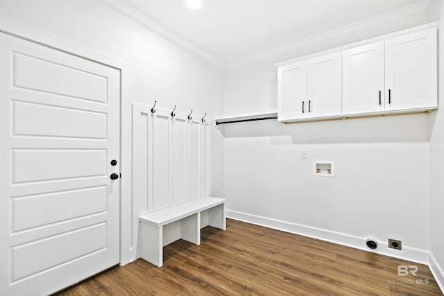 mudroom featuring dark wood-type flooring and ornamental molding