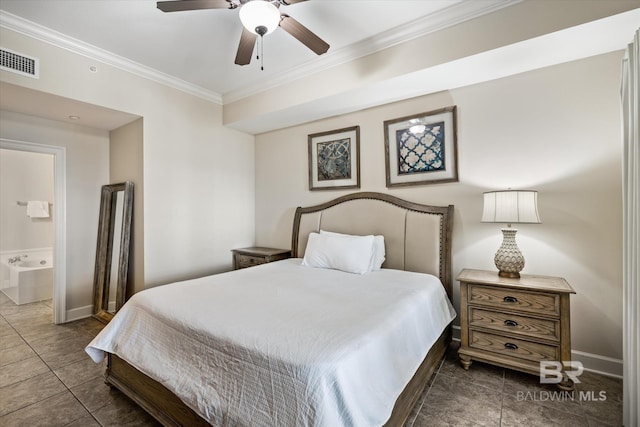 tiled bedroom featuring ceiling fan, connected bathroom, and ornamental molding