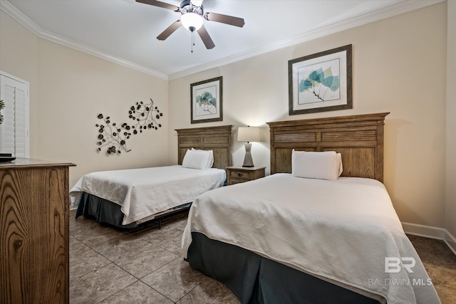 bedroom featuring tile patterned flooring, ceiling fan, and ornamental molding