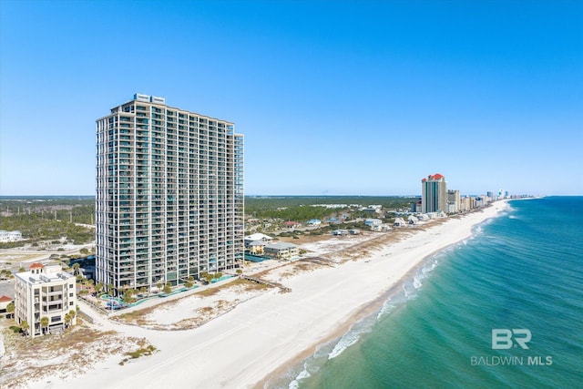 bird's eye view with a view of the beach and a water view