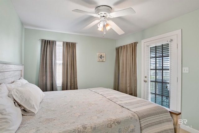 bedroom with ceiling fan and access to exterior