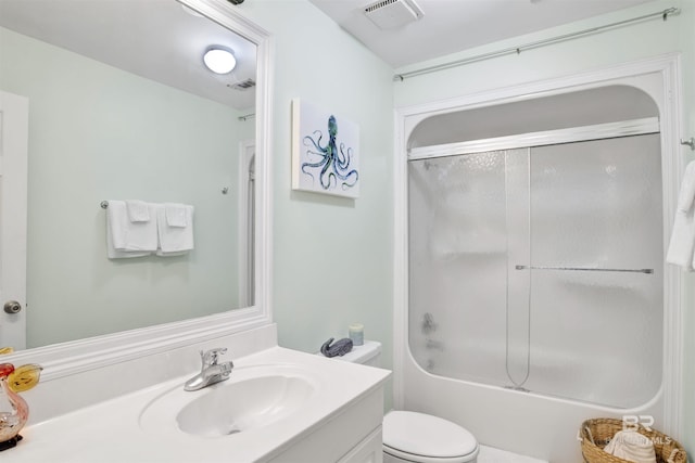 bathroom with vanity, toilet, tub / shower combination, and visible vents