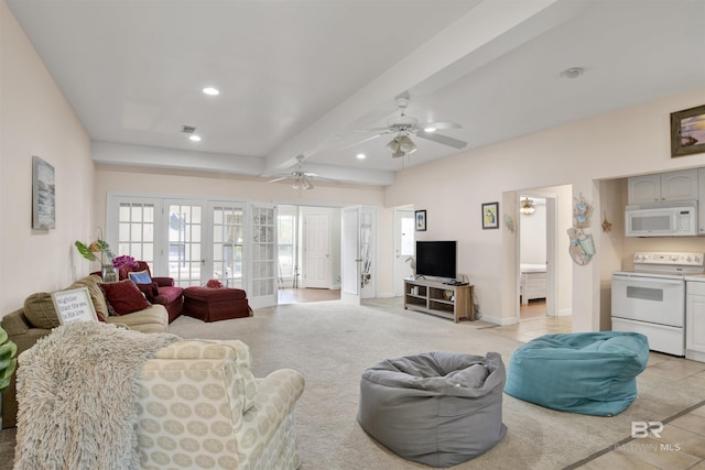 living room featuring beamed ceiling, recessed lighting, french doors, baseboards, and light colored carpet