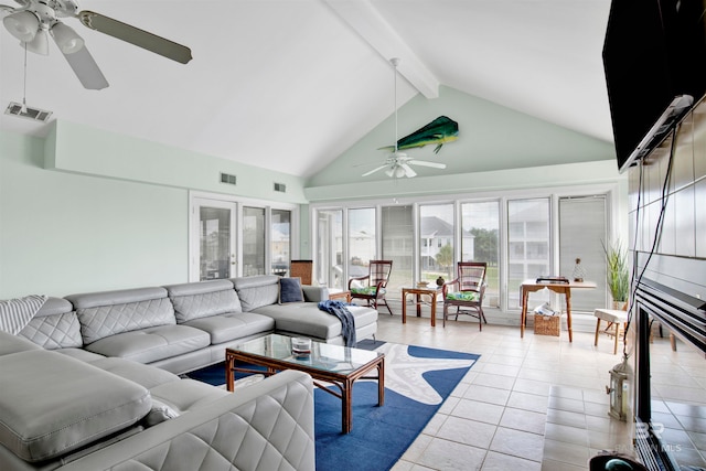 living room with high vaulted ceiling, beamed ceiling, ceiling fan, and light tile patterned floors