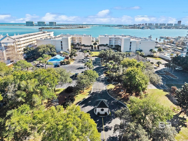 birds eye view of property featuring a water view