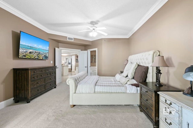 carpeted bedroom featuring ceiling fan and ornamental molding