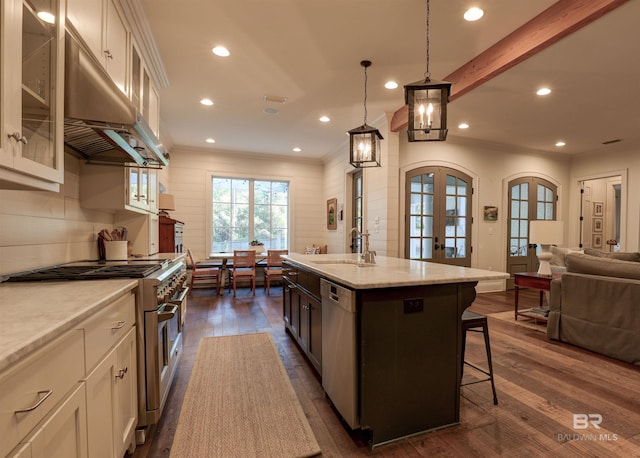 kitchen with a sink, under cabinet range hood, dark wood finished floors, french doors, and stainless steel appliances