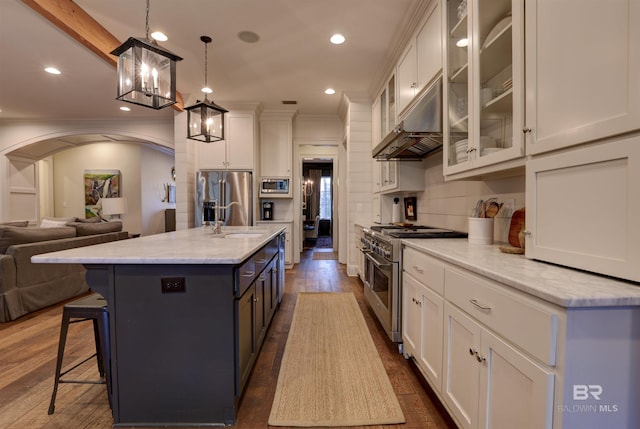 kitchen with under cabinet range hood, high end appliances, dark wood-style flooring, and white cabinetry