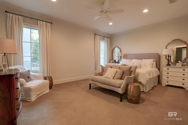 carpeted bedroom featuring recessed lighting, baseboards, and ornamental molding