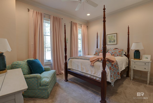 bedroom with recessed lighting, light carpet, a ceiling fan, and crown molding