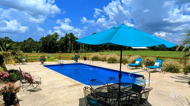 view of pool with a patio area and a diving board